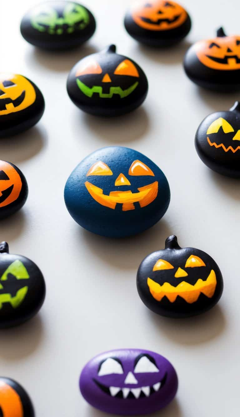 A collection of Halloween-themed painted rocks with various Jack-o'-Lantern expressions arranged on a table