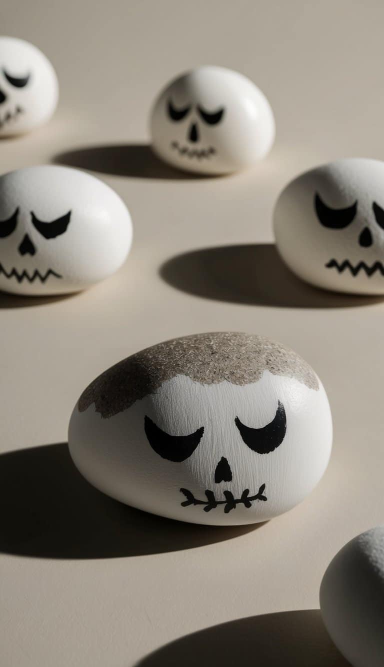 A group of ghostly painted rocks arranged in a spooky dance formation, casting eerie shadows in the dim light