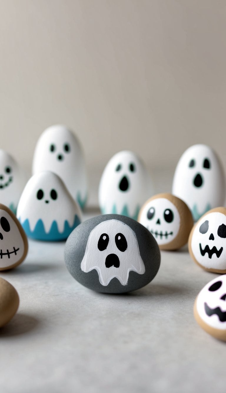 A group of ghostly painted rocks arranged in a spooky scene with cute and whimsical designs