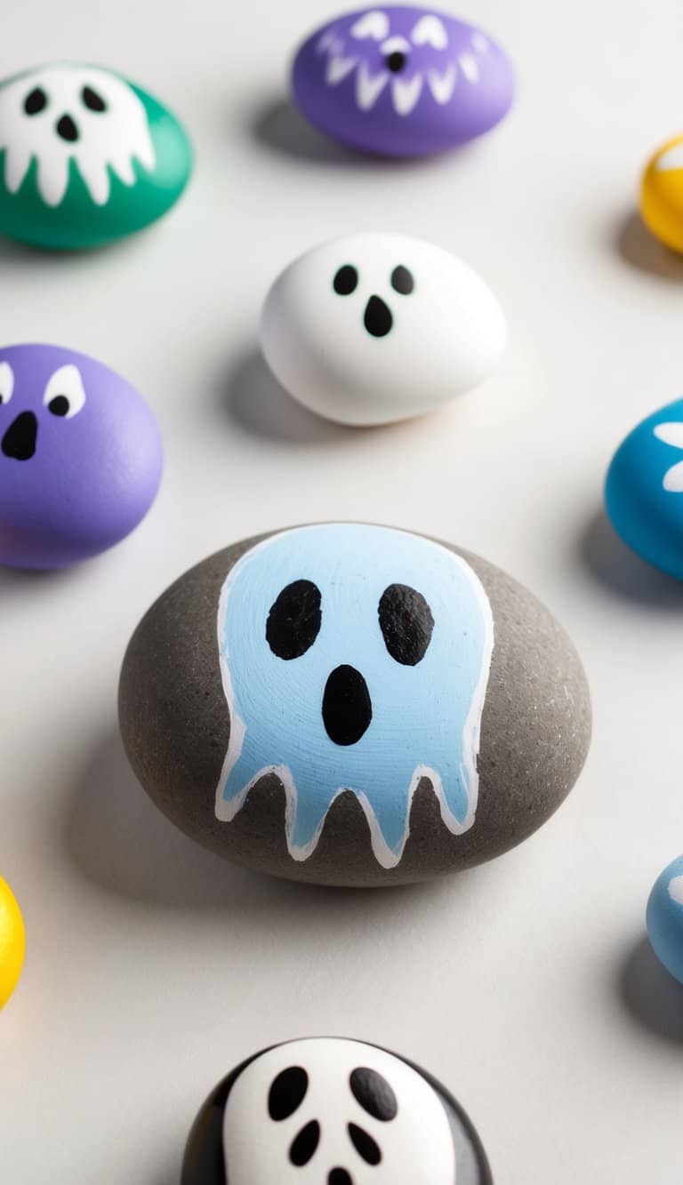 A group of colorful ghostly painted rocks arranged in a playful and spooky display