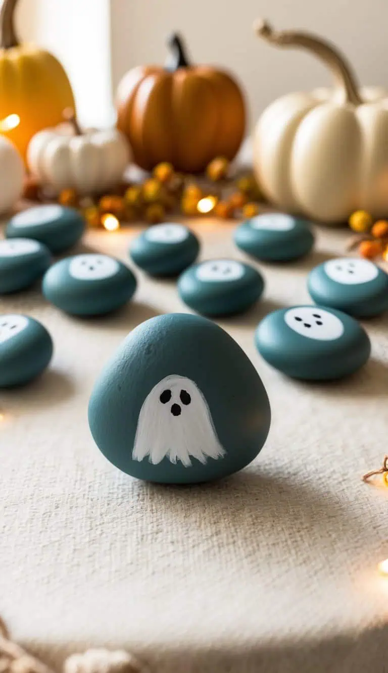 A group of ghostly painted rocks scattered on a cozy, autumn-themed table with warm lighting and decorative accents