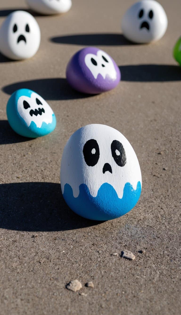 A group of ghostly painted rocks scattered on the ground, each with a unique and cute design. Shadows cast by the rocks add to the spooky atmosphere