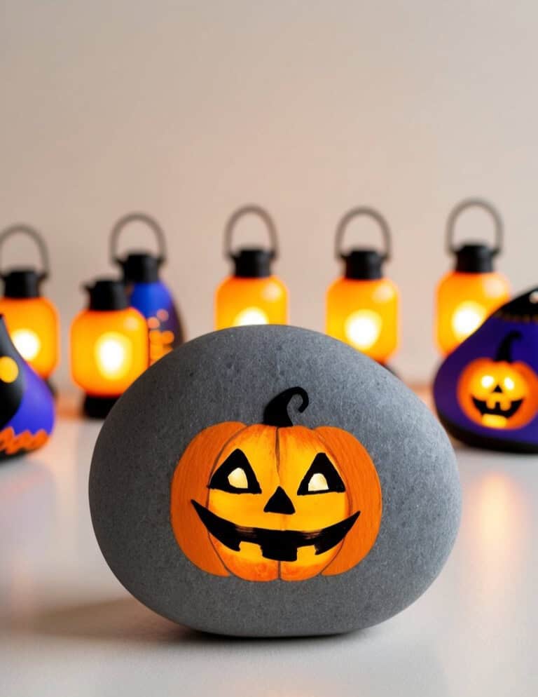 A gray rock painted with a glowing jack-o’-lantern face sits in front of several small Halloween lanterns, each lit with warm yellow light, on a white surface.