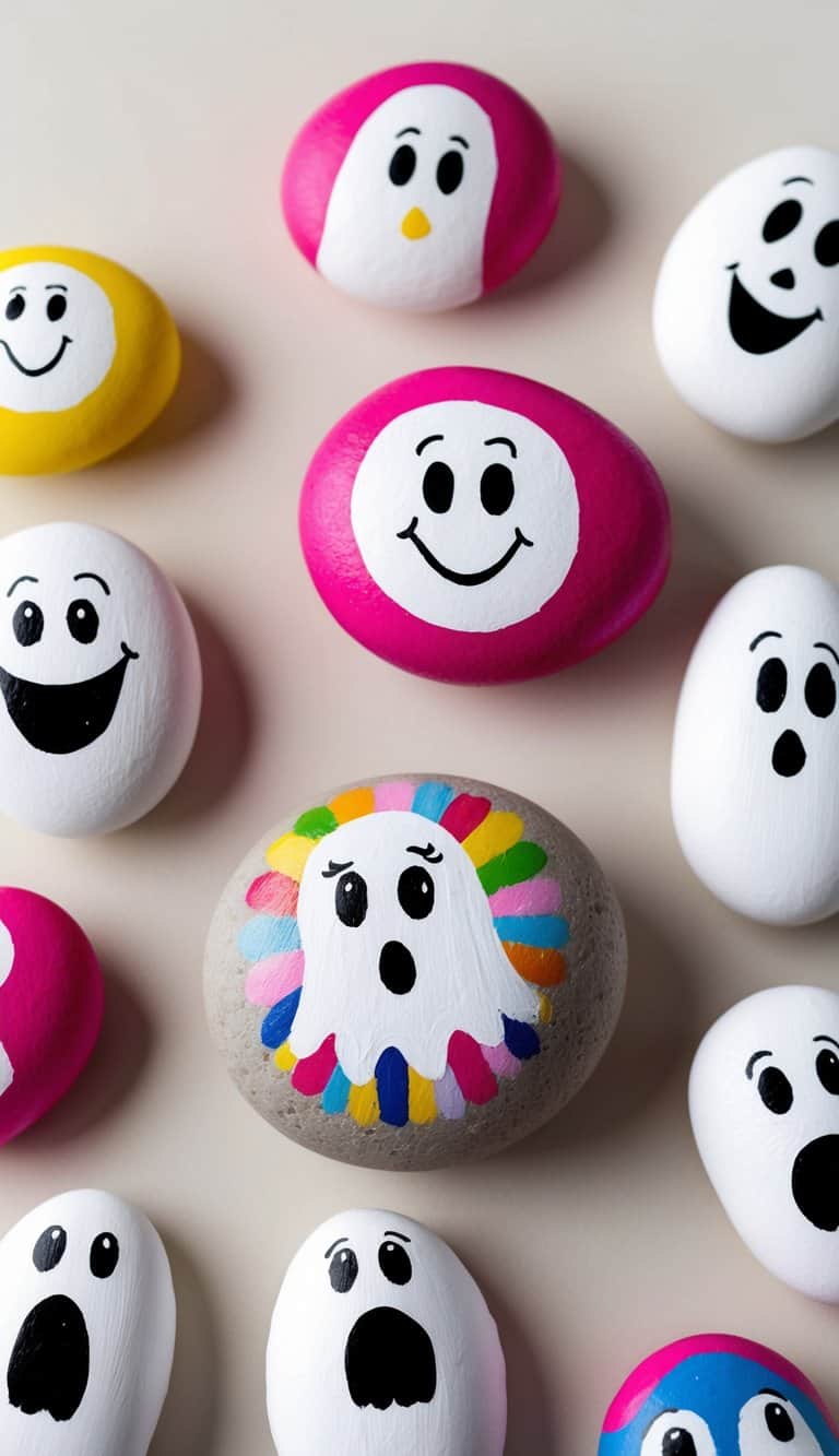 A group of ghostly painted rocks arranged in a playful and whimsical manner, with bright colors and cheerful expressions