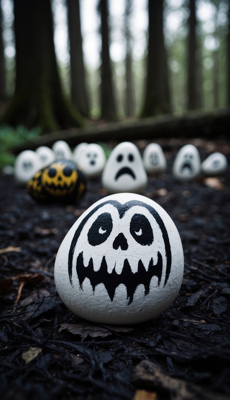 A group of ghostly painted rocks scattered across a dark forest floor, each one depicting a unique and spooky design