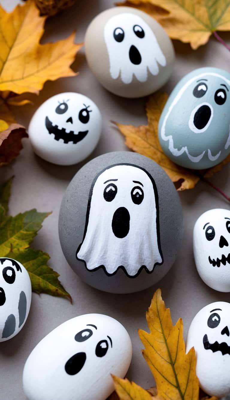 A group of ghostly painted rocks scattered among autumn leaves, with varying expressions and sizes, creating a spooky yet adorable scene