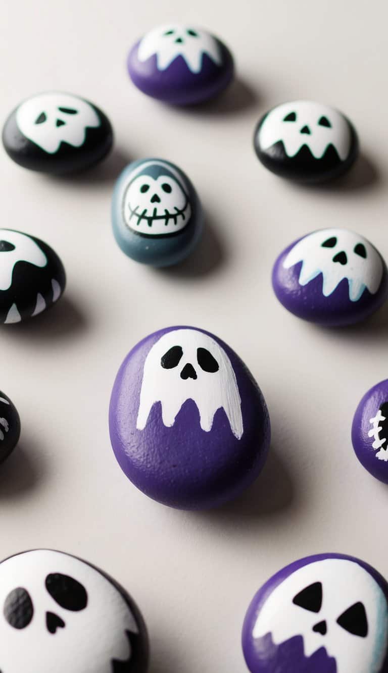 A group of ghostly painted rocks scattered on a forest floor, surrounded by fallen leaves and eerie mist