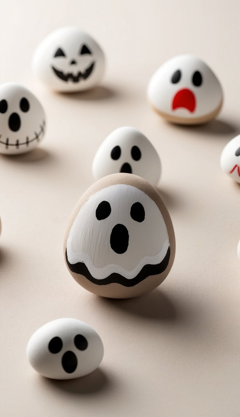 A group of ghostly painted rocks arranged in a playful and spooky scene, with cute and whimsical designs
