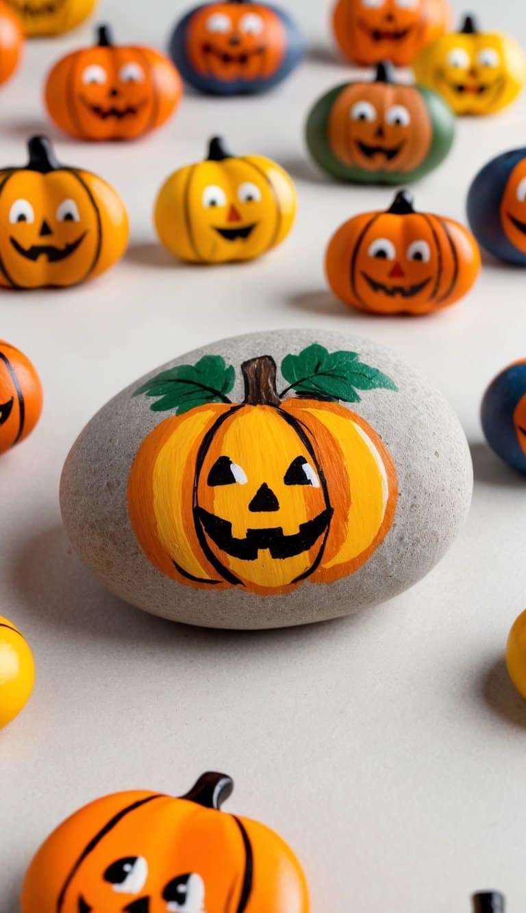 A collection of 50 cute pumpkin faces painted on rocks, arranged in a fall-themed setting
