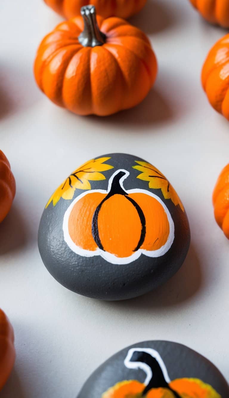 A collection of orange pumpkins painted on rocks, arranged in a fall-themed display