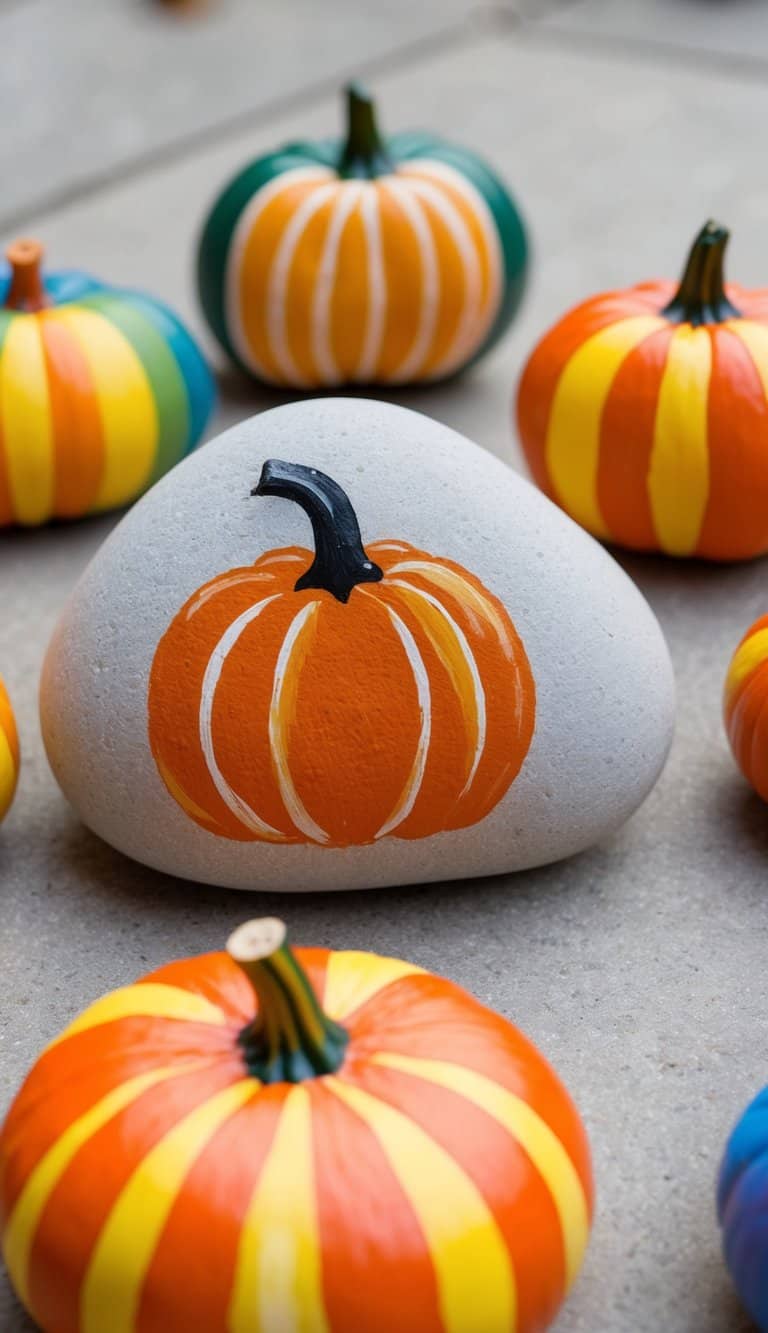 A group of colorful pumpkins painted on rocks, arranged in a fall-themed display