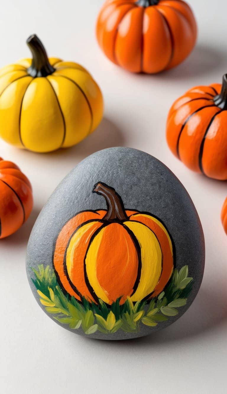 Vibrant pumpkins painted on rocks, arranged in a fall-themed display