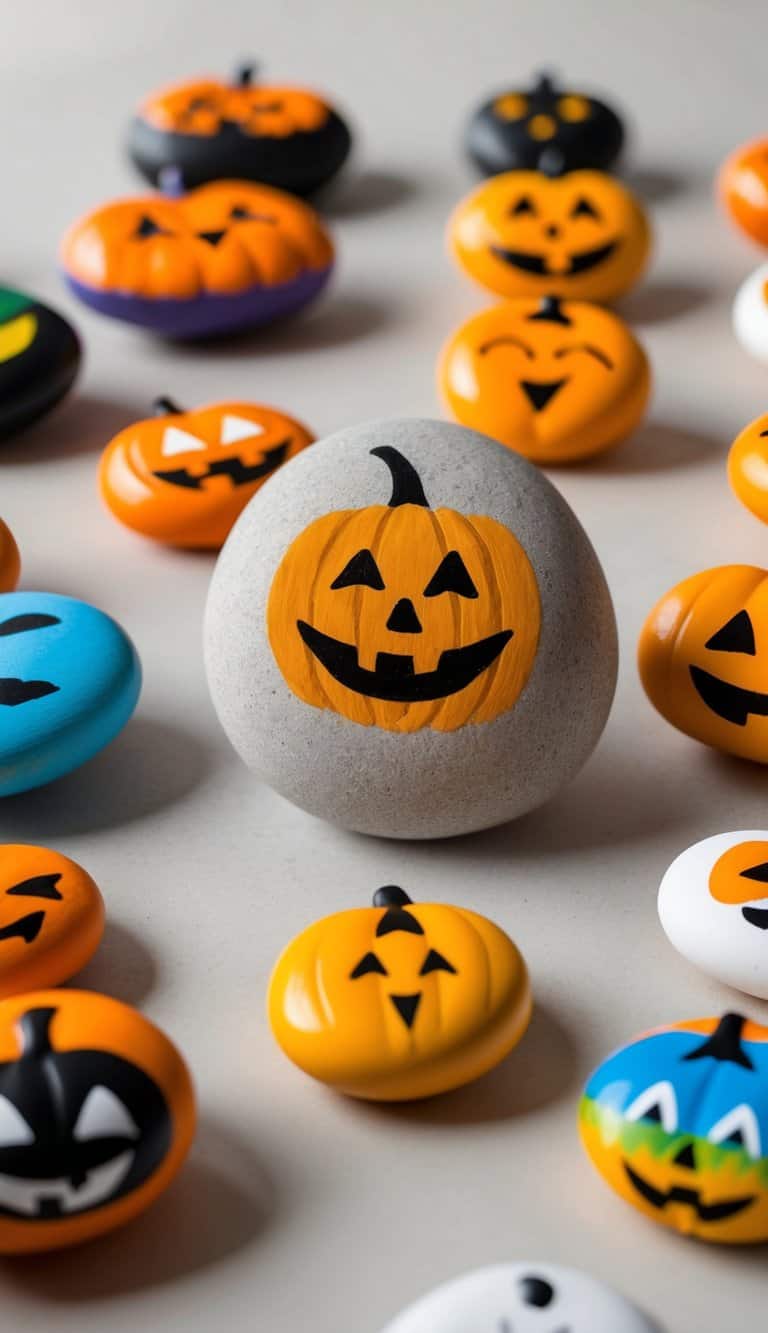 A collection of pumpkin emoji rocks arranged on a table, surrounded by various painted rock designs