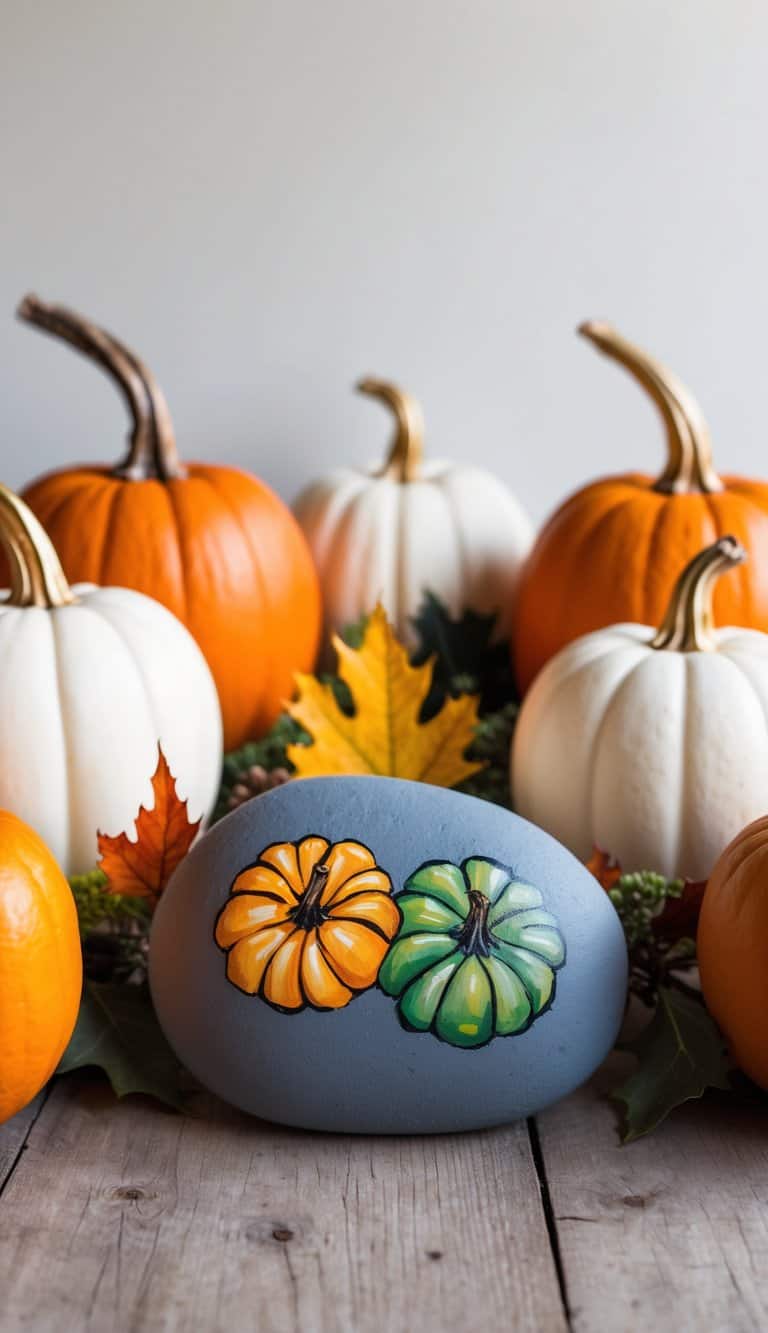 A group of gothic-style pumpkins, painted rocks, and autumn foliage arranged in a rustic setting