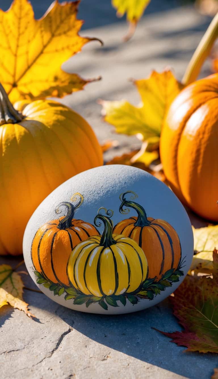 Vibrant pumpkins painted with intricate designs, surrounded by autumn leaves and golden sunlight, evoke a Renaissance art-inspired scene