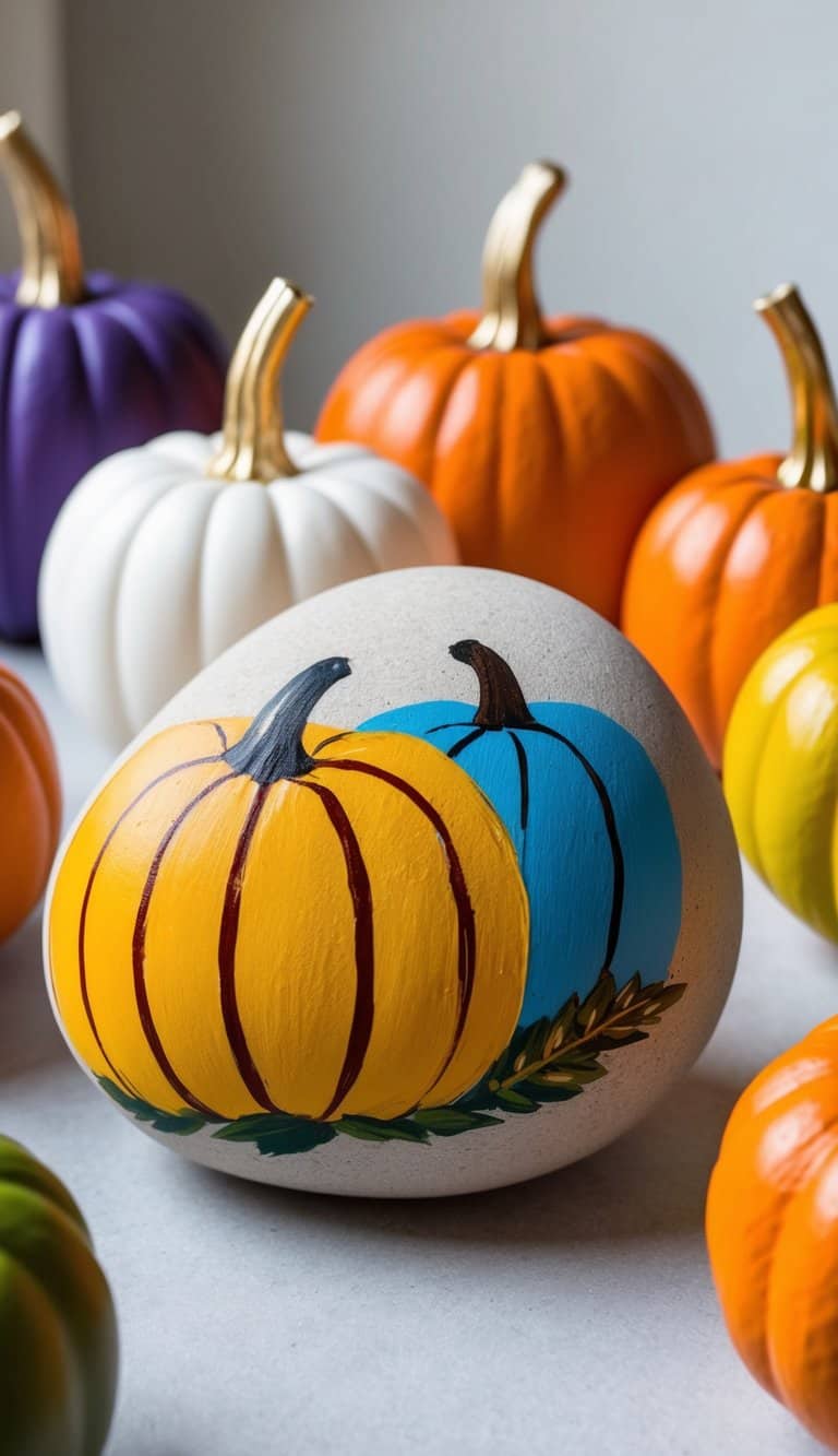 A group of pumpkins painted in various colorful designs, arranged in a fall-themed display