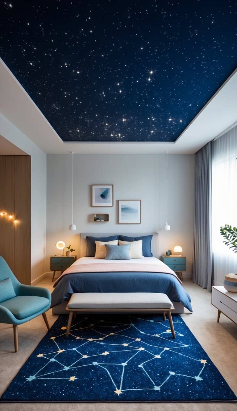 A bedroom with a constellation rug, glowing stars on the ceiling, and space-themed decor throughout