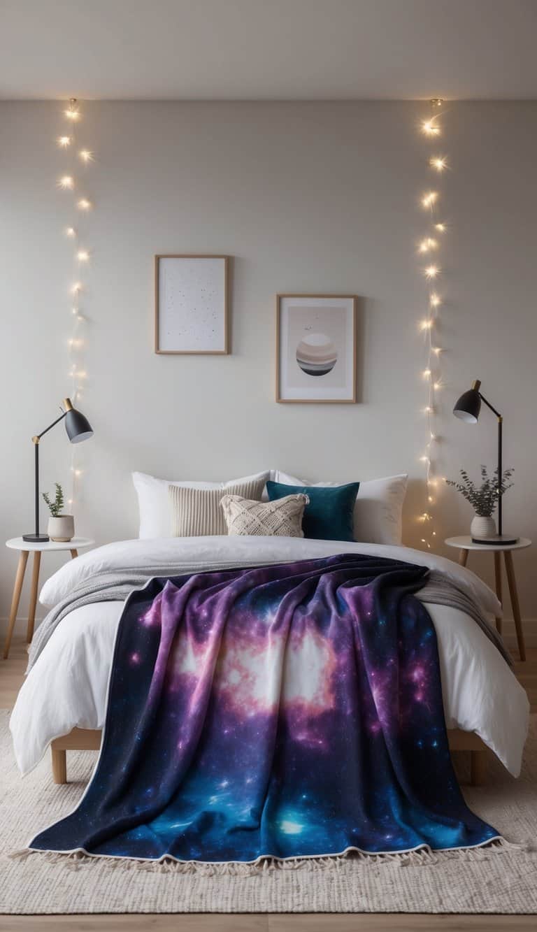 A cozy bedroom with a nebula print throw blanket draped over a bed, surrounded by space-themed decor and twinkling star lights