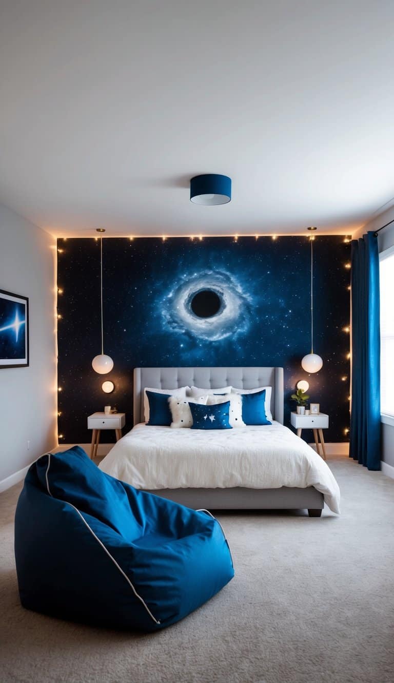 A meteor crater bean bag sits in a space-themed bedroom, surrounded by celestial decor and twinkling lights