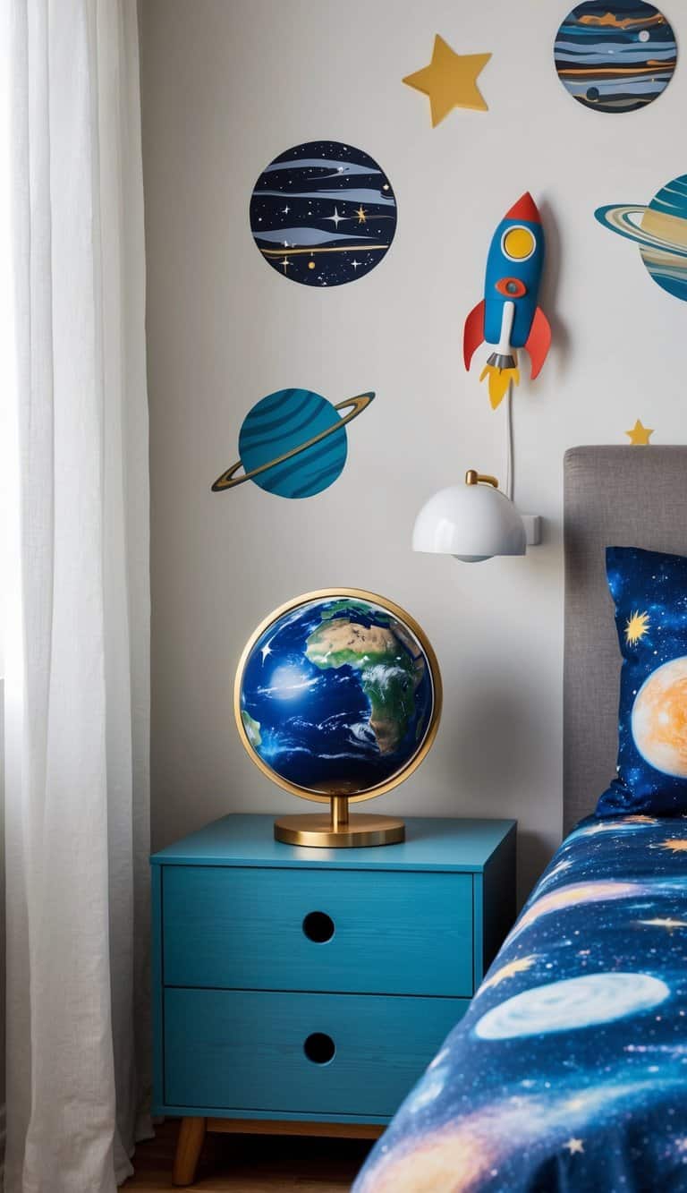 A planetary bedside organizer sits on a nightstand, surrounded by space-themed decor such as starry wall decals, a rocket-shaped lamp, and a galaxy-printed bedspread