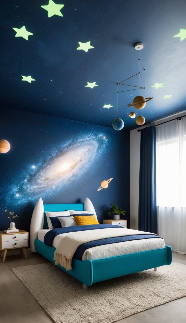 A bedroom with a galaxy-themed wall mural, glow-in-the-dark stars on the ceiling, a rocket ship-shaped bed, and planetary mobile hanging from the ceiling