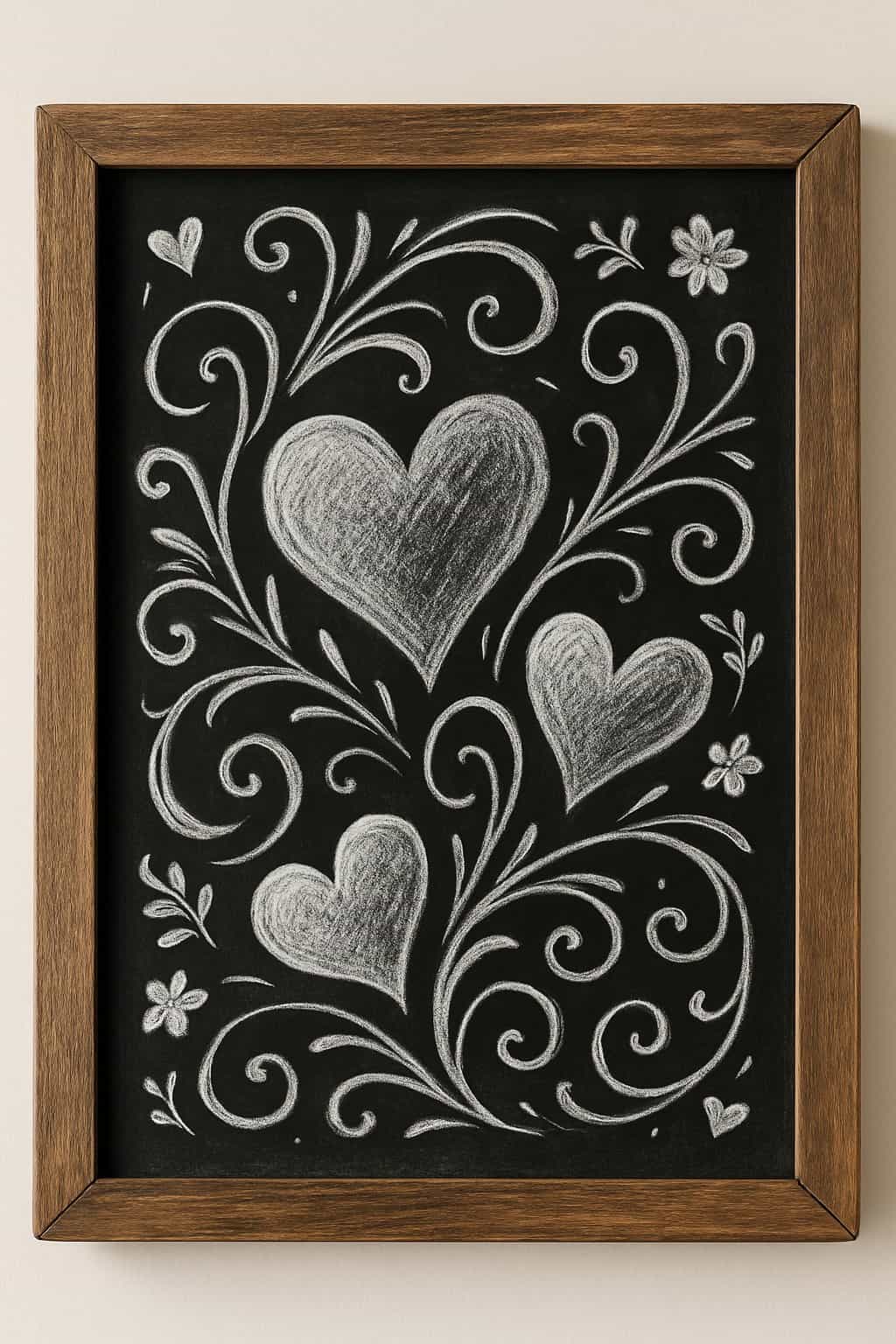 A wood-framed chalkboard featuring heart-shaped designs and elegant calligraphy accents with bold chalk textures, set against a clean background with natural lighting.