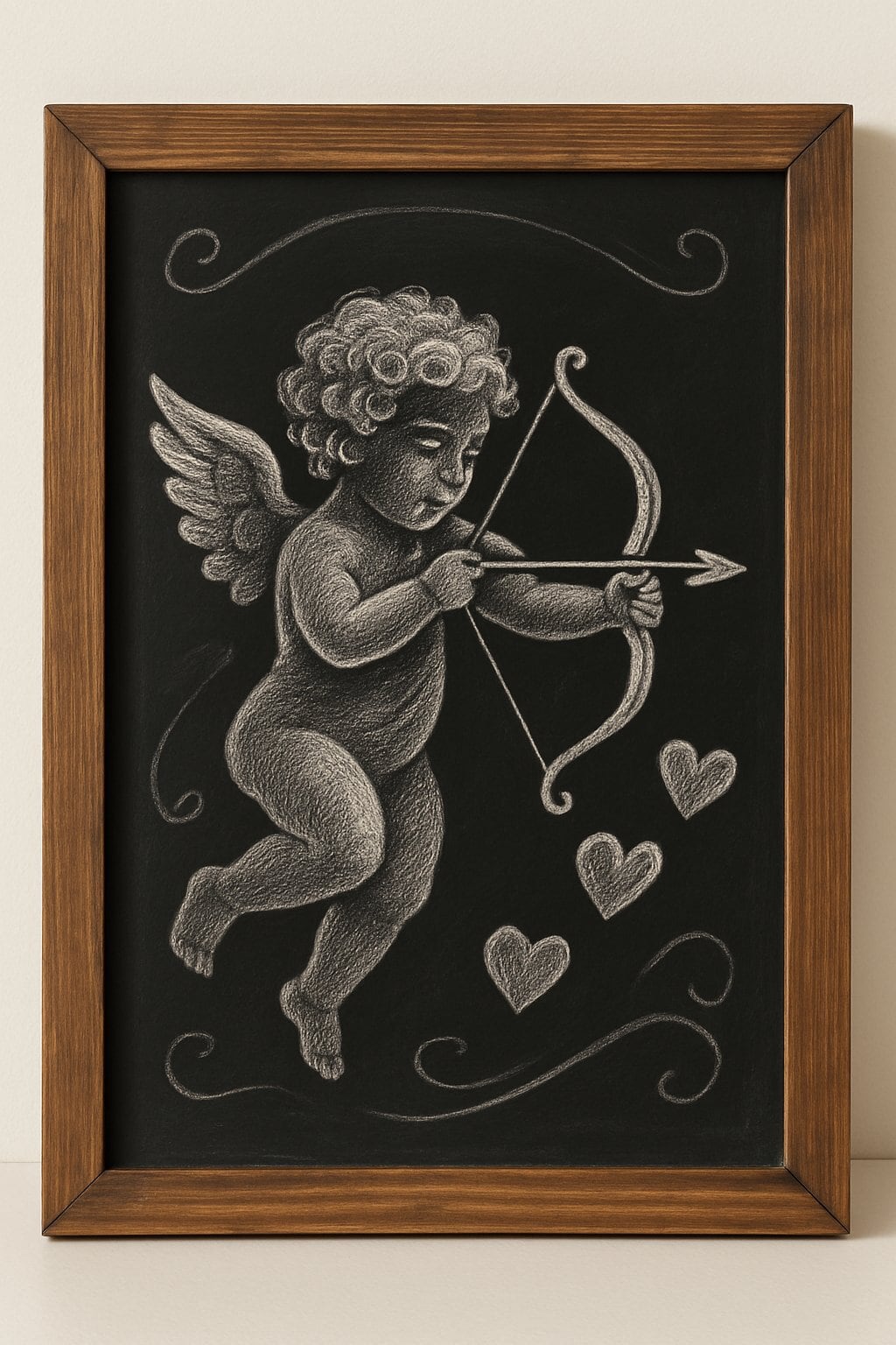 A wood framed chalkboard with a chalk drawing of Cupid holding a bow and arrows.