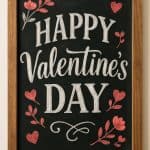 A chalkboard framed in wood displays “Happy Valentine’s Day” in decorative white lettering, surrounded by red heart and flower drawings.