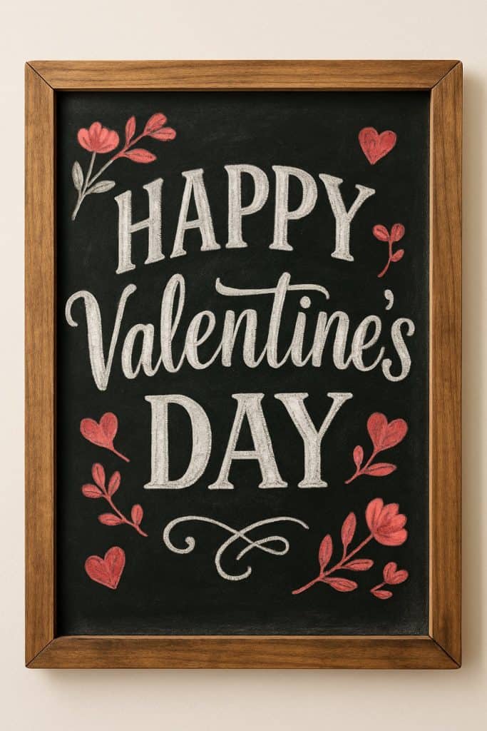 A chalkboard framed in wood displays “Happy Valentine’s Day” in decorative white lettering, surrounded by red heart and flower drawings.
