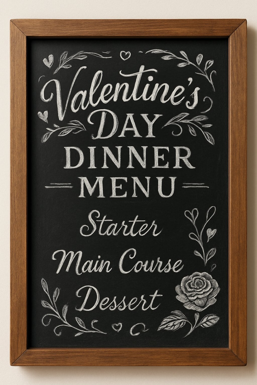 A wood-framed chalkboard displaying a hand-drawn Valentine's Day dinner menu with decorative heart and rose illustrations.