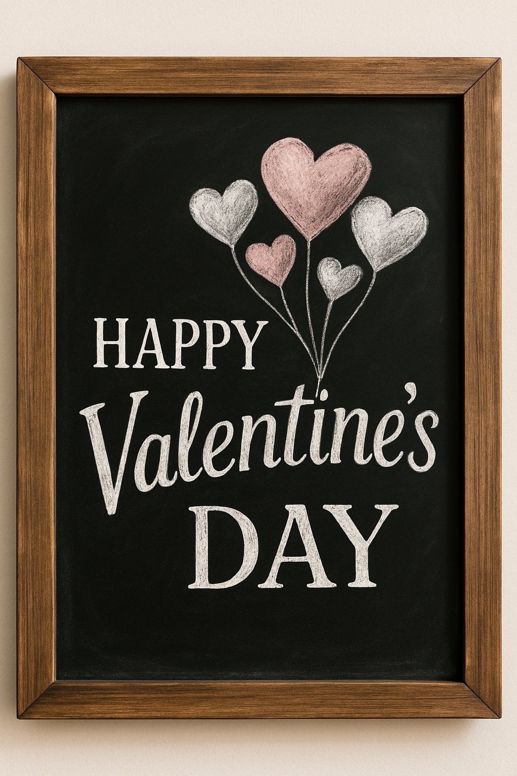 A wood framed chalkboard with a drawing of heart-shaped balloons floating upward.
