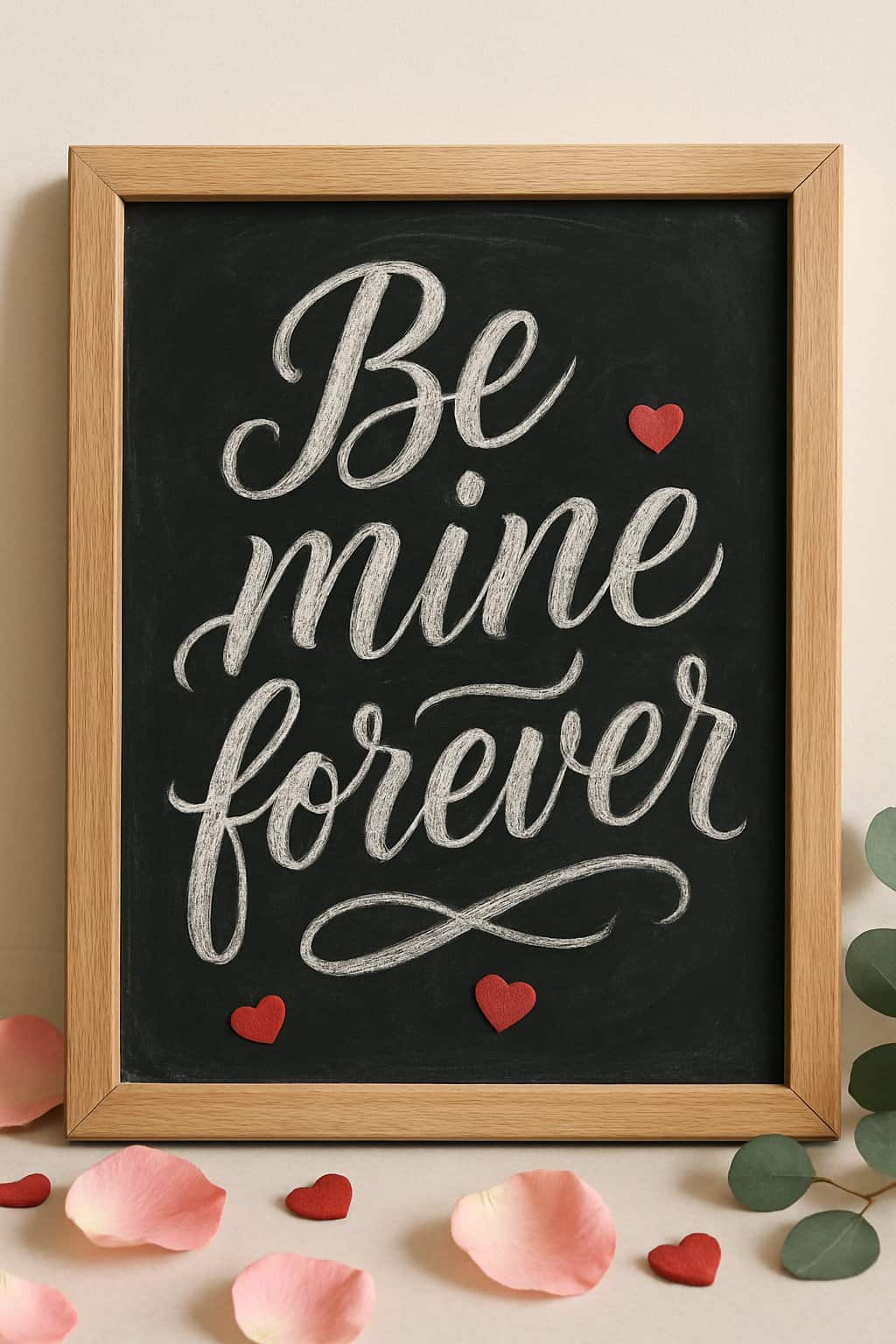 A wooden framed chalkboard sign with elegant cursive writing surrounded by rose petals and heart decorations on a clean surface.