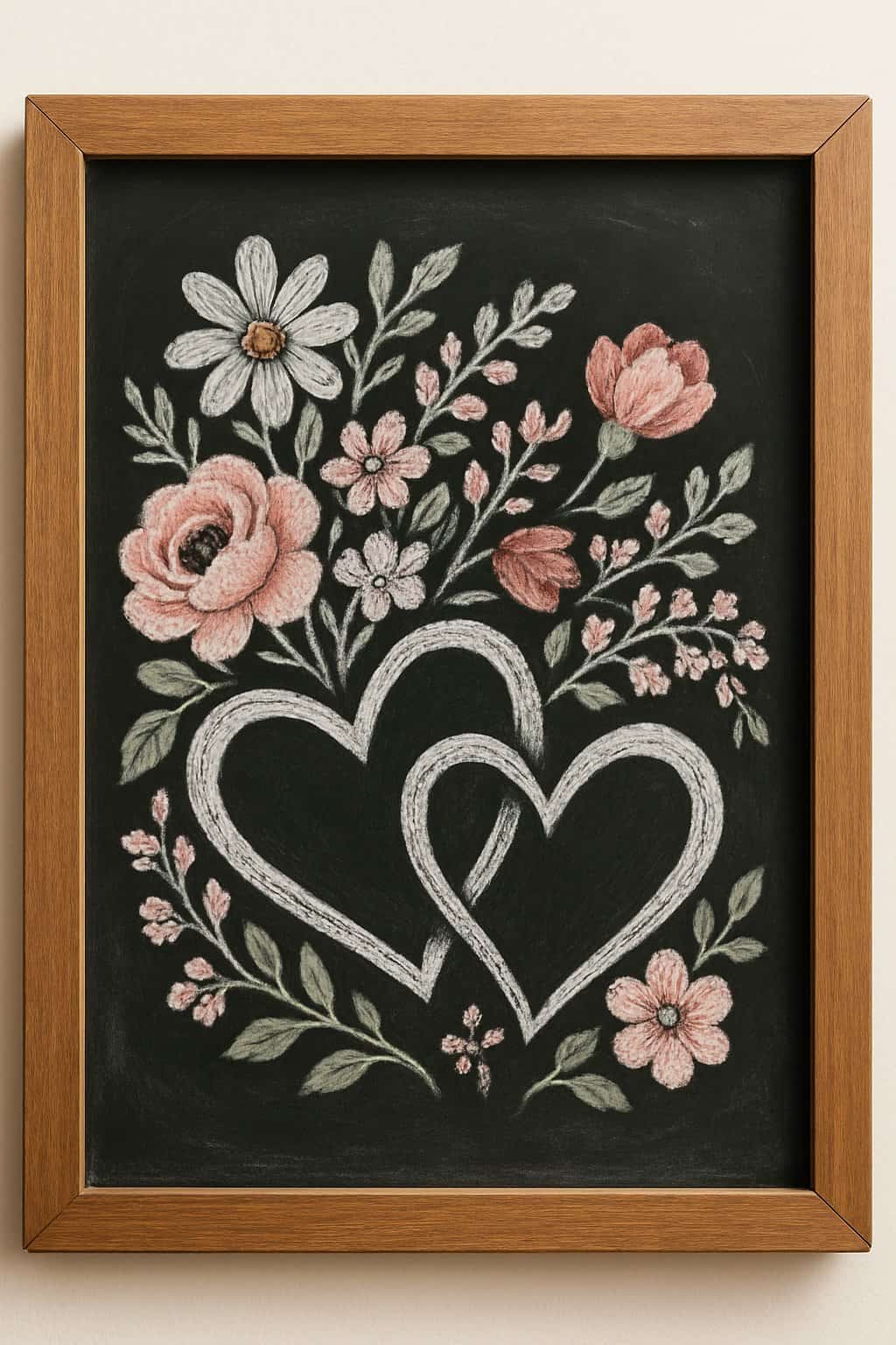 A wood-framed chalkboard with detailed drawings of intertwined hearts and flowers.