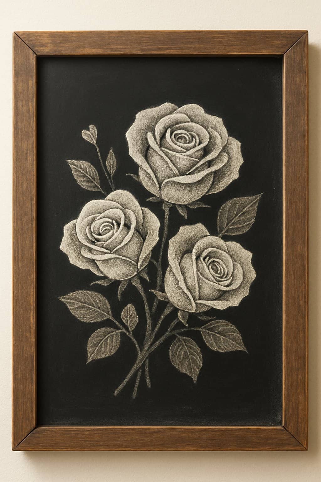 A wood-framed chalkboard displaying a detailed outline of a rose bouquet with shading.