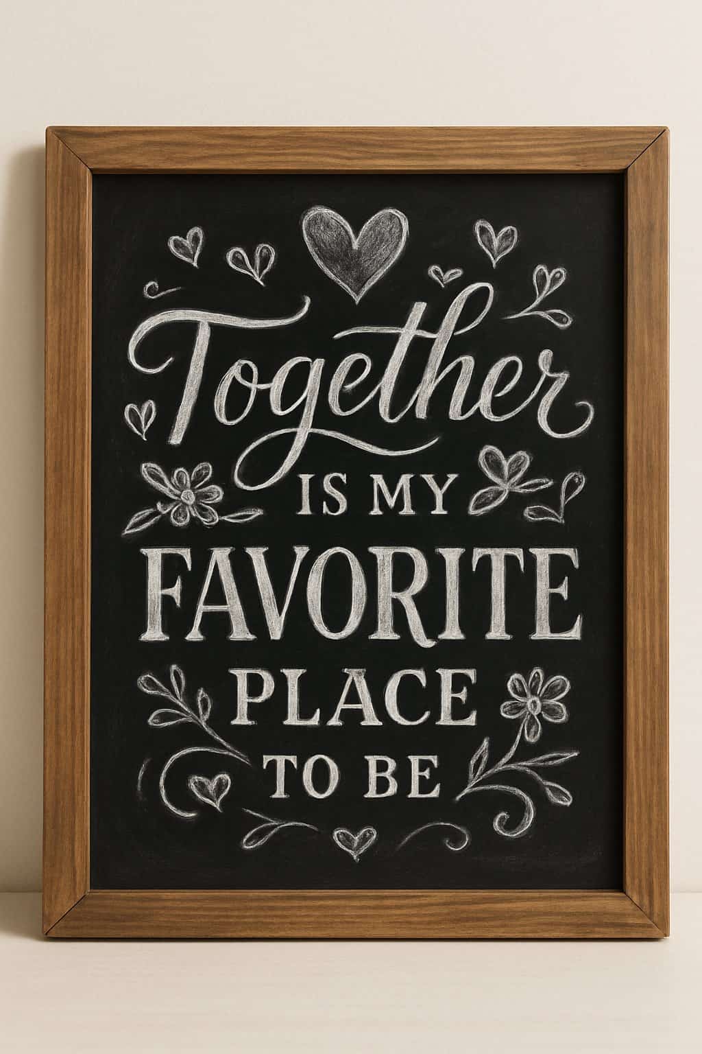 A wood-framed chalkboard sign with hand-drawn artistic lettering and Valentine’s Day themed decorations on a neutral background.