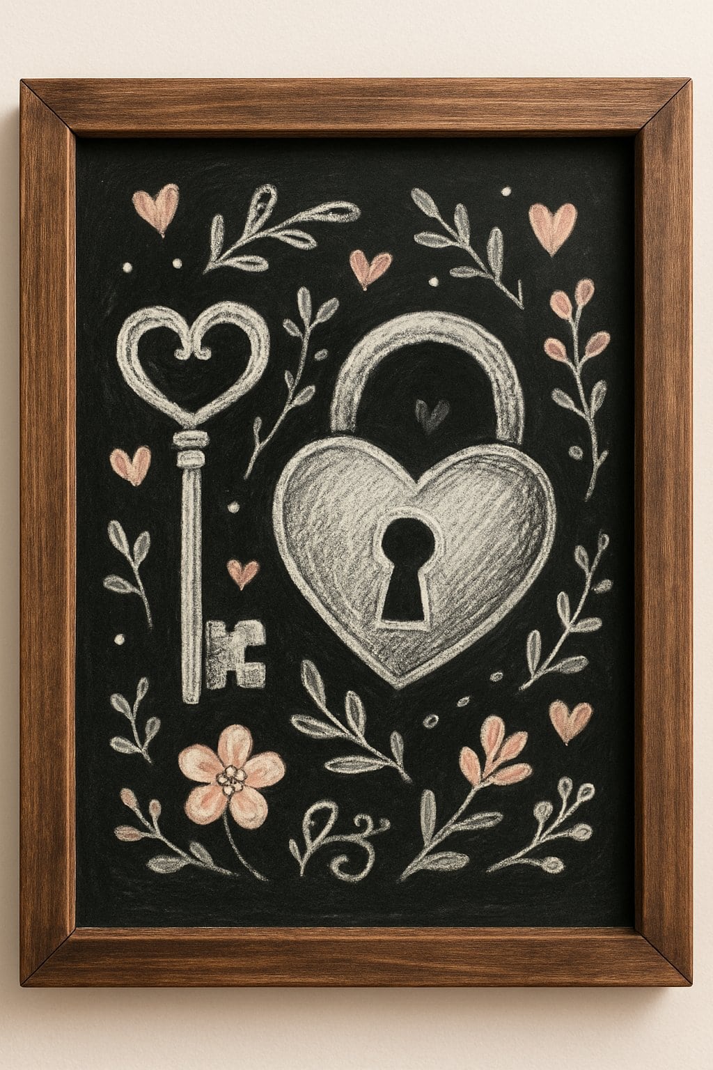 A wooden framed chalkboard displaying whimsical key and lock love symbols with heart and floral accents on a clean background.