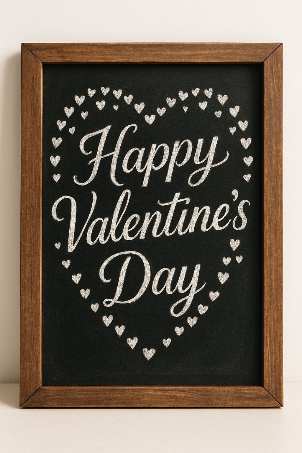A wood-framed chalkboard sign decorated with heart-shaped confetti around the edges.