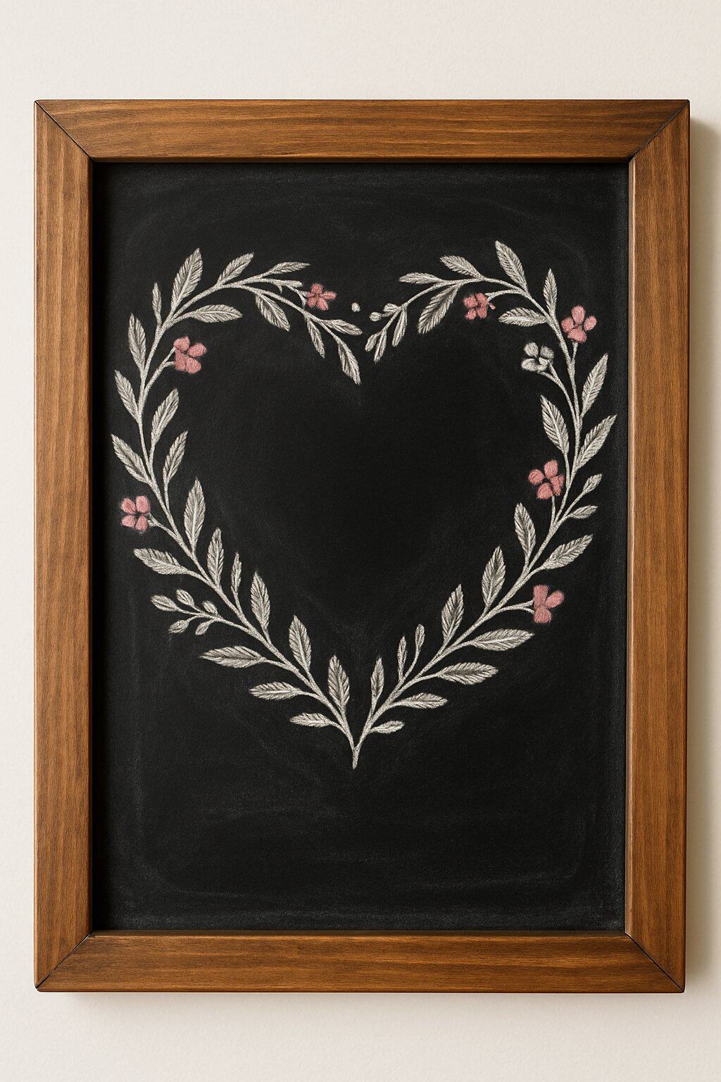 A wood framed chalkboard sign with a heart-shaped wreath of leaves and flowers around an empty center space.