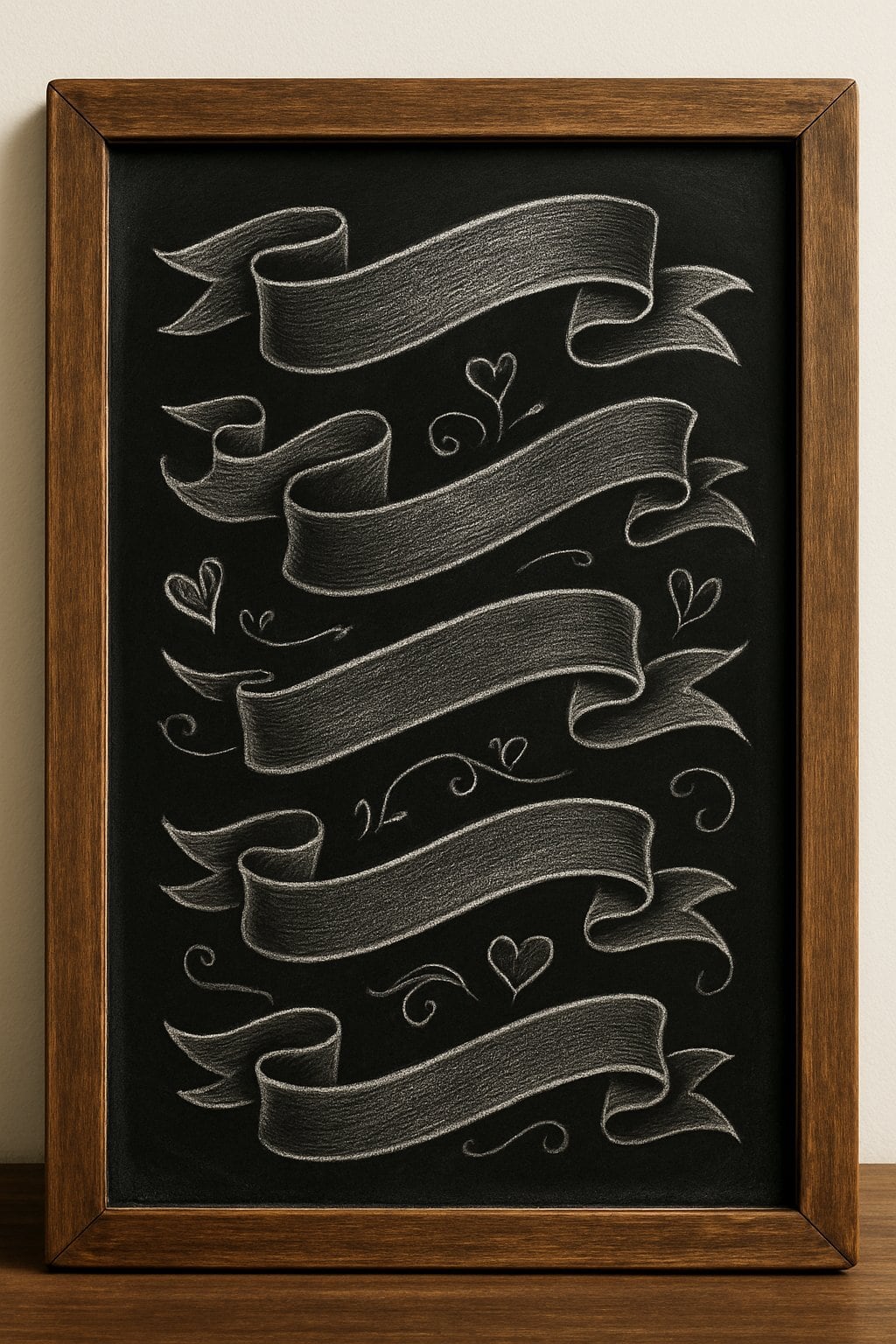 A wood framed chalkboard with hand-drawn ribbon banners arranged across it, featuring artistic chalk designs and decorative elements.