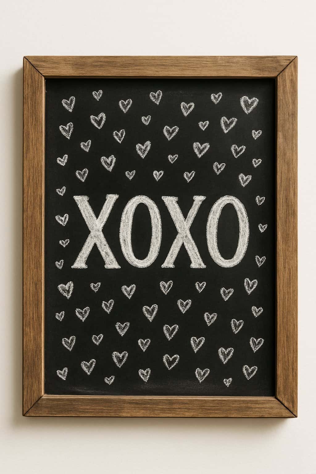 A wood-framed chalkboard sign displaying the letters XOXO surrounded by small hearts.