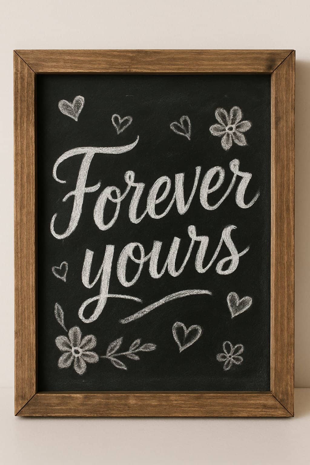 A wood-framed chalkboard with hand-drawn lettering surrounded by subtle Valentine’s Day decorations.