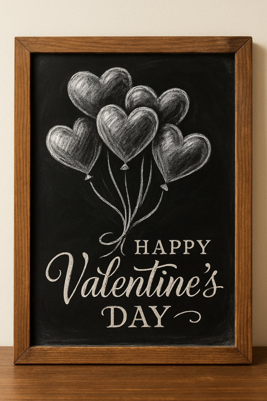 A chalkboard sign with a heart-shaped balloon bouquet and ribbon tails drawn on it, framed in wood and set against a plain background.