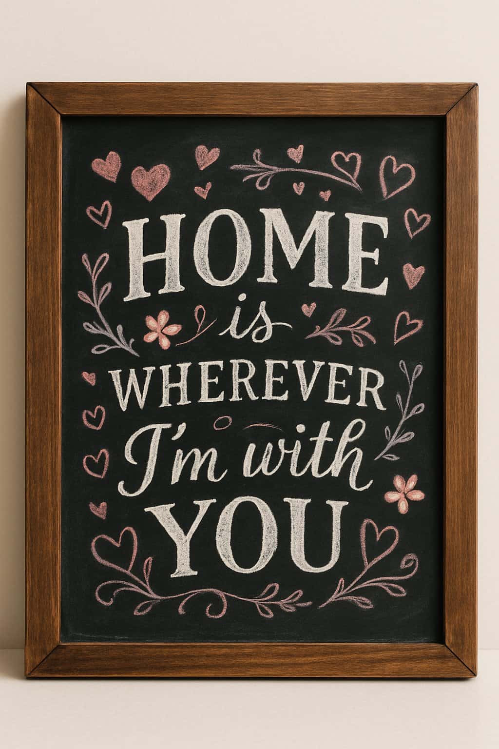 A wood-framed chalkboard sign with artistic lettering and Valentine’s Day themed decorative accents on a clean background.