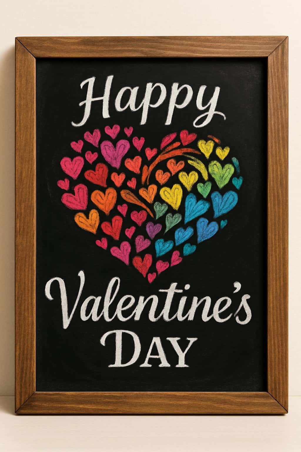 A wood framed chalkboard with colorful swirling heart doodles and artistic lettering on a clean background.