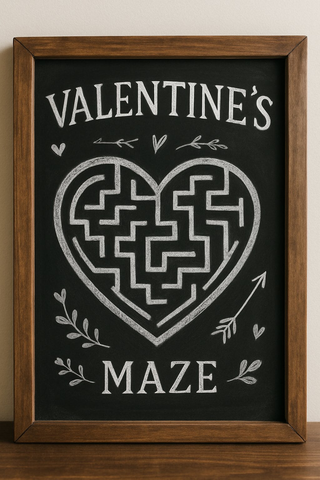 A wood framed chalkboard with a heart-shaped maze drawn in white chalk surrounded by small heart and floral designs.