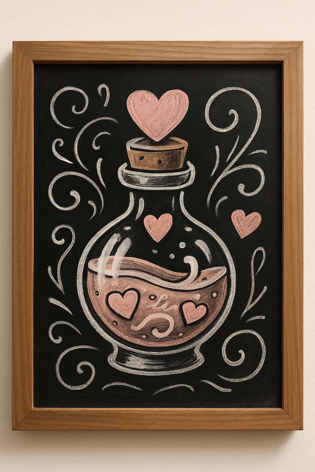 A wood framed chalkboard sign with a cartoon love potion bottle drawn in chalk surrounded by artistic chalk designs on a clean background.