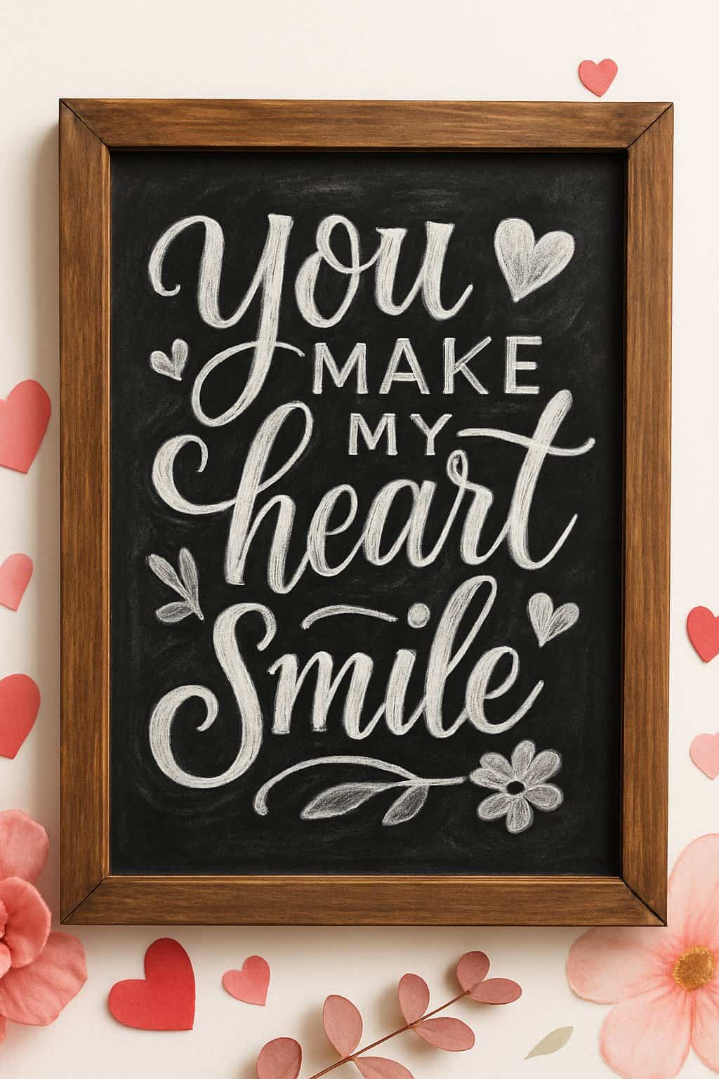 A wood framed chalkboard sign with artistic calligraphy surrounded by subtle Valentine’s Day decorations on a clean background.