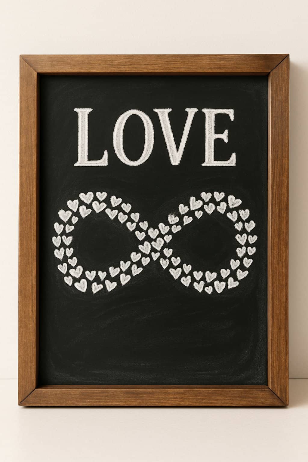 A wood framed chalkboard with an infinity symbol made of small hearts drawn in white chalk.