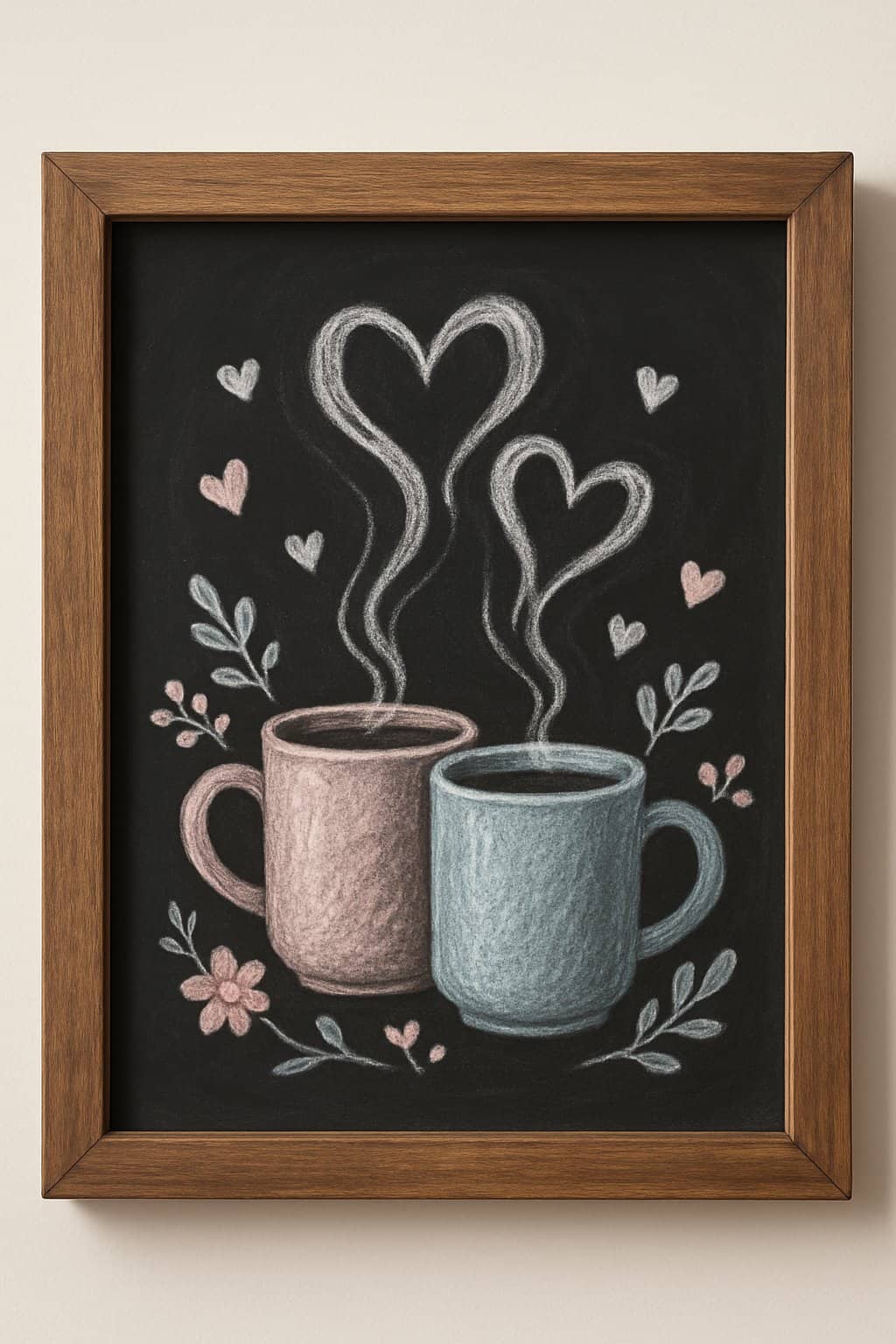 A wood framed chalkboard sign showing two mugs with heart-shaped steam rising above them.