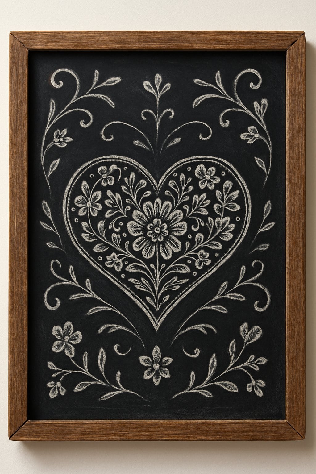 A wood framed chalkboard with a detailed floral heart mandala design drawn in white chalk against a dark background.